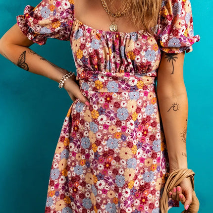 Floral Puff Sleeve Square Neck Knot Open Back Mini Dress - Image 1