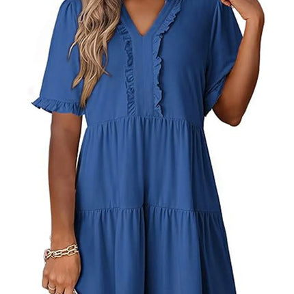 Tiered Notched Short Sleeve Mini Dress - Image 10