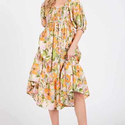 Mittoshop Flower Print Puff Sleeve Ruffle Smocked Midi Dress - Image 2