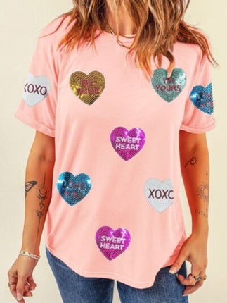Valentine’s Day Sequin Heart Round Neck Short Sleeve T-Shirt - Image 1