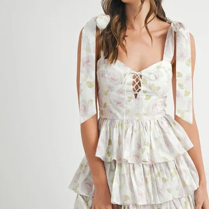 MABLE Floral Print Shoulder Tie Layered Mini Dress - Image 2