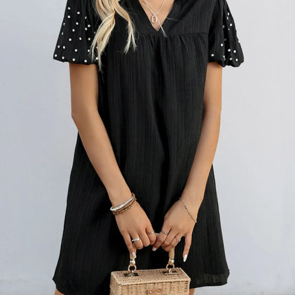 Textured V-Neck Short Sleeve Mini Dress - Image 3