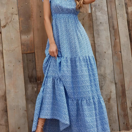 Printed V-Neck Ruffled Cap Sleeve Maxi Dress - Image 1