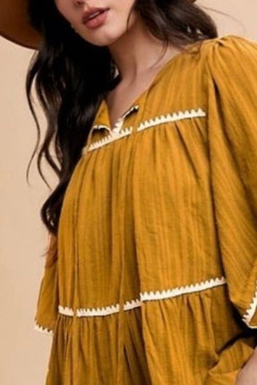 Annie Wear Tassel Contrast Trim Tie Neck Half Sleeve Tiered Dress - Image 2