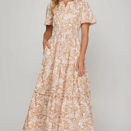 She + Sky Printed Notched Woven Tiered Pintuck Maxi Dress with Side Pockets - Image 1