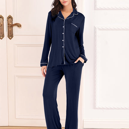 Collared Neck Long Sleeve Loungewear Set with Pockets - Image 1