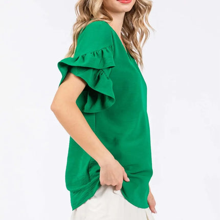 GeeGee Ruffled Short Sleeve V-Neck Blouse - Image 3