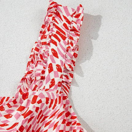 Geometric Print Knot Back Sleeveless Ruffle Hem Dress - Image 10