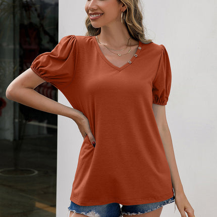Ivy Lane V-Neck Decorative Buttons Puff Sleeve Tee - Image 3