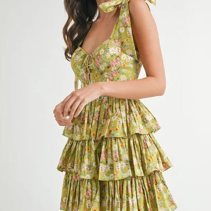 MABLE Floral Print Shoulder Tie Layered Mini Dress - Image 5