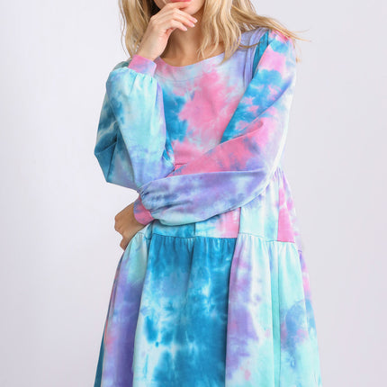 Umgee Full Size Tie Dye Round Neck Long Sleeve Babydoll Tiered Dress Plus Size - Image 1