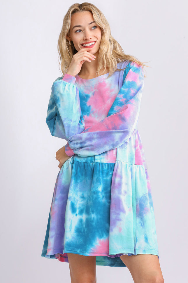 Umgee Full Size Tie Dye Round Neck Long Sleeve Babydoll Tiered Dress Plus Size