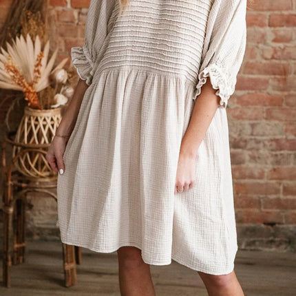 Textured Ruffled Puff Sleeve Loose Dress - Image 4