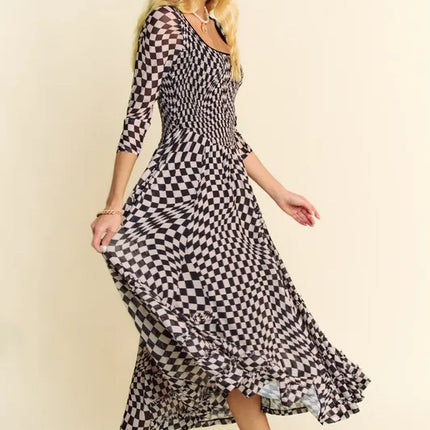 Davi & Dani Printed Checker Mesh Flowy Maxi Dress - Image 4