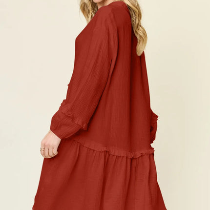 Double Take Full Size Texture Half Button Ruffle Trim Dress - Image 2