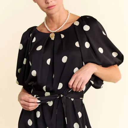 Davi & Dani Polka Dot Puff Sleeves Waist Tie Midi Dress - Image 6