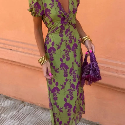 Printed Plunge Short Sleeve Midi Dress - Image 1