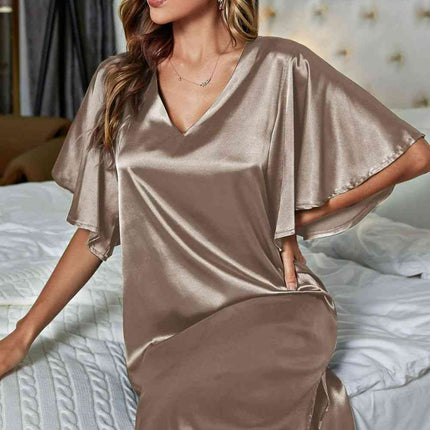 Satin Flutter Sleeve Side Slit V-Neck Night Dress - Image 16
