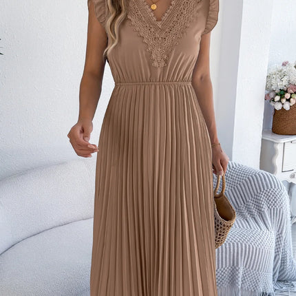 Lace Detail Ruffled Cap Sleeve Pleated Dress - Image 15