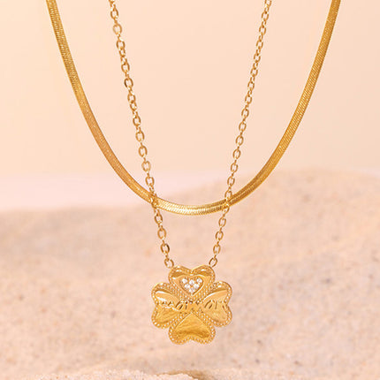 2 Piece 18K Gold-Plated Inlaid Zircon Lucky Clover Necklace - Image 2