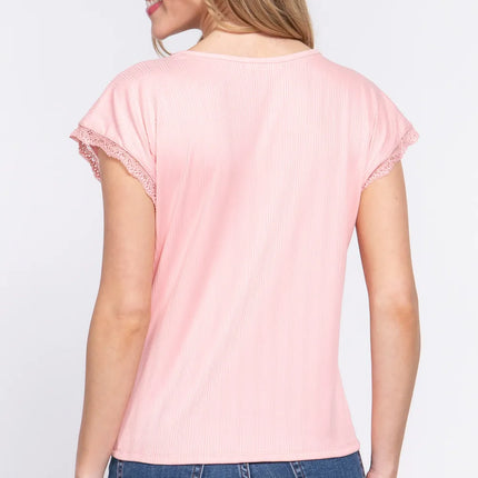 ACTIVE BASIC Lace Trim V-Neck Short Sleeve Ribbed Top - Image 2