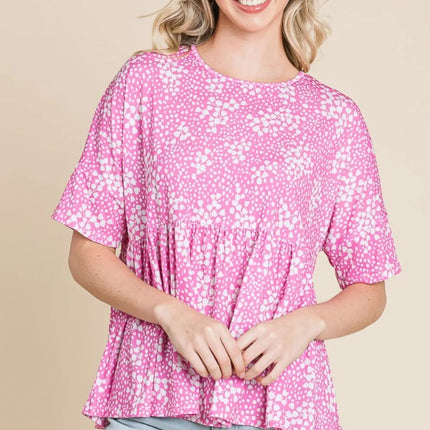 BOMBOM Floral Round Neck Peplum Blouse - Image 1