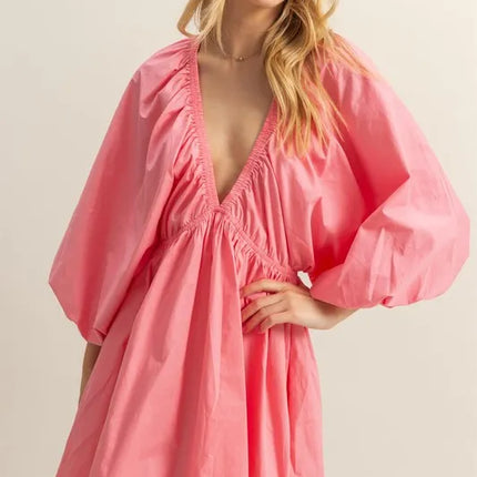 HYFVE Plunge Balloon Sleeve Poplin Mini Dress with Pockets - Image 2