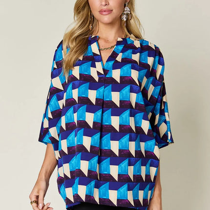 Double Take Full Size Geometric Notched Half Sleeve Blouse - Image 1