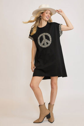 Umgee Peace Plaid Applique Short Sleeve Mini Dress - Image 1
