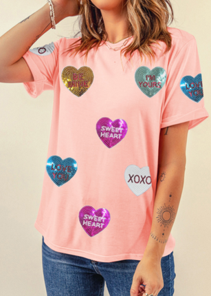 Valentine’s Day Sequin Heart Round Neck Short Sleeve T-Shirt - Image 2