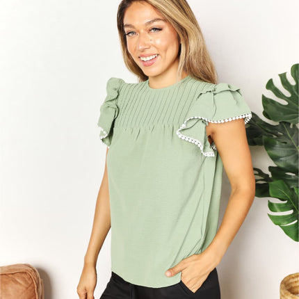 Perfee Pleated Detail Flutter Sleeve Blouse - Image 3