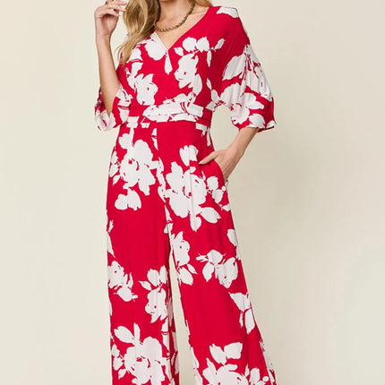 Double Take Full Size Printed Tie Back Wide Leg Jumpsuit - Image 16