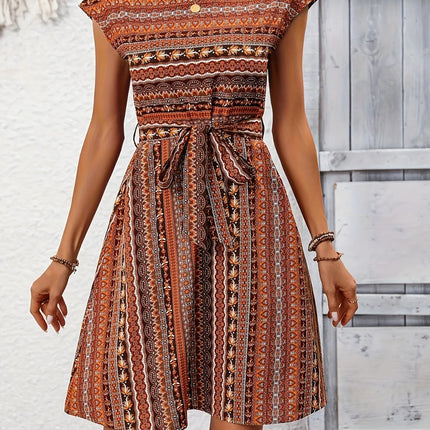 Printed Round Neck Cap Sleeve Dress - Image 3