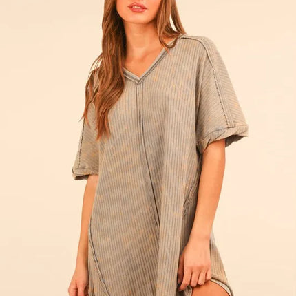 VERY J Plus Size Mineral Washed Ribbed Knit Mini Dress - Image 1