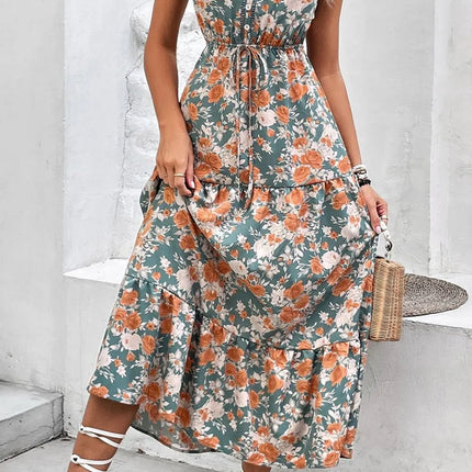 Floral Print Trimmed V Neck Tie Waist Sleeveless Dress - Image 5