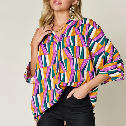 Double Take Full Size Geometric Notched Dolman Sleeve Top - Image 1
