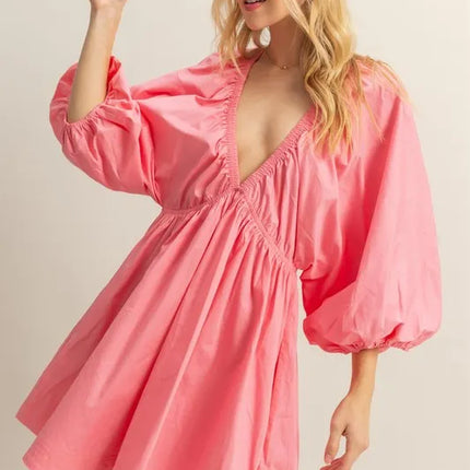 HYFVE Plunge Balloon Sleeve Poplin Mini Dress with Pockets - Image 1