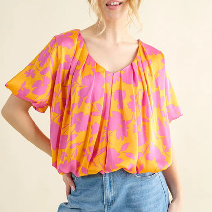 And The Why Full Size Printed Satin Bubble Hem Top - Image 1