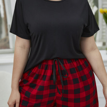Plus Size Round Neck Tee Shirt and Plaid Shorts Lounge Set - Image 6