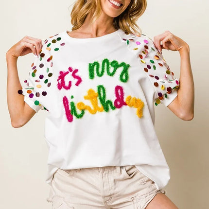 BiBi Metallic Letter Spangle Raglan Puff Sleeve Top - Image 13