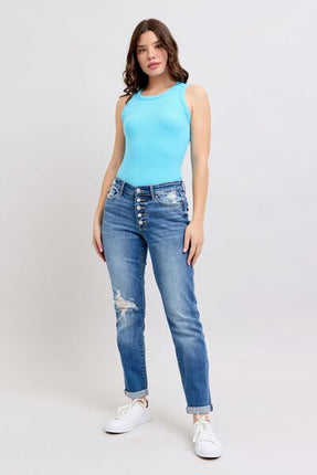 Judy Blue Full Size Button Fly Distressed Jeans with Pockets Plus Size - Image 1