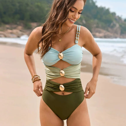 Color Block Sweetheart Neck One-Piece Swimwear - Image 2