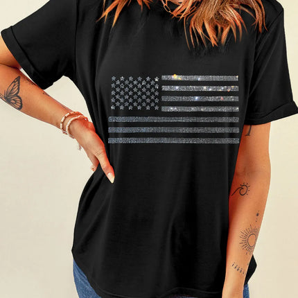 Rhinestone US Flag Round Neck Short Sleeve T-Shirt - Image 2