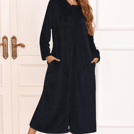 Zip Front Hooded Night Dress with Pockets - Image 1