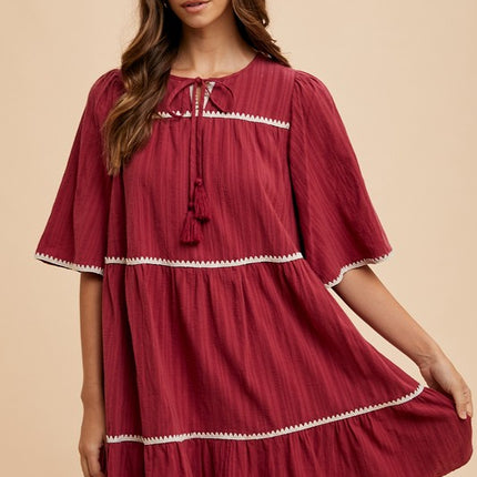 Annie Wear Tassel Contrast Trim Tie Neck Half Sleeve Tiered Dress - Image 4