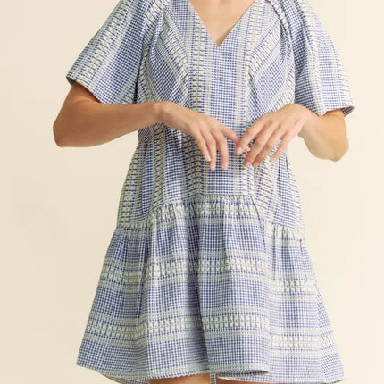 Davi & Dani Embroidered Stripe Ruffled Gingham Mini Dress - Image 4