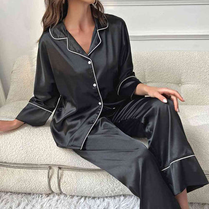 Contrast Piping Button-Up Top and Pants Pajama Set - Image 6