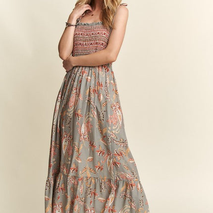 ADORA Smocked Printed Square Neck Tie Shoulder Cami Dress - Image 2