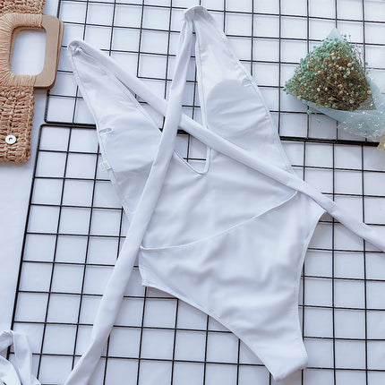 Halter Neck Deep V Tied One-Piece Swimsuit - Image 17