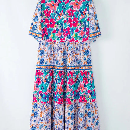 Mixed Floral Print Tie Neck Short Sleeve Dress - Image 6